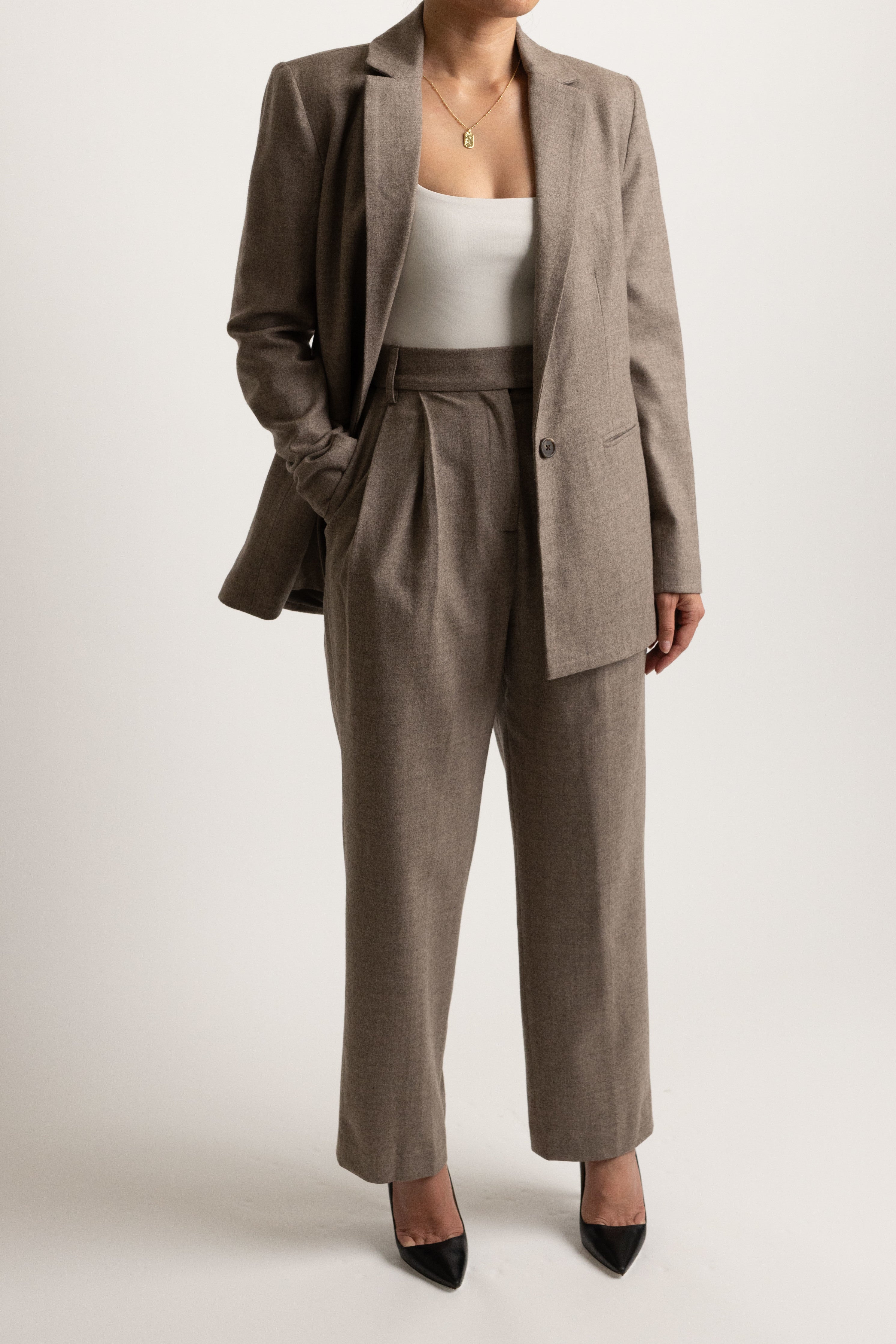 Trial Trouser in Coffee - front view worn with matching Court Jacket