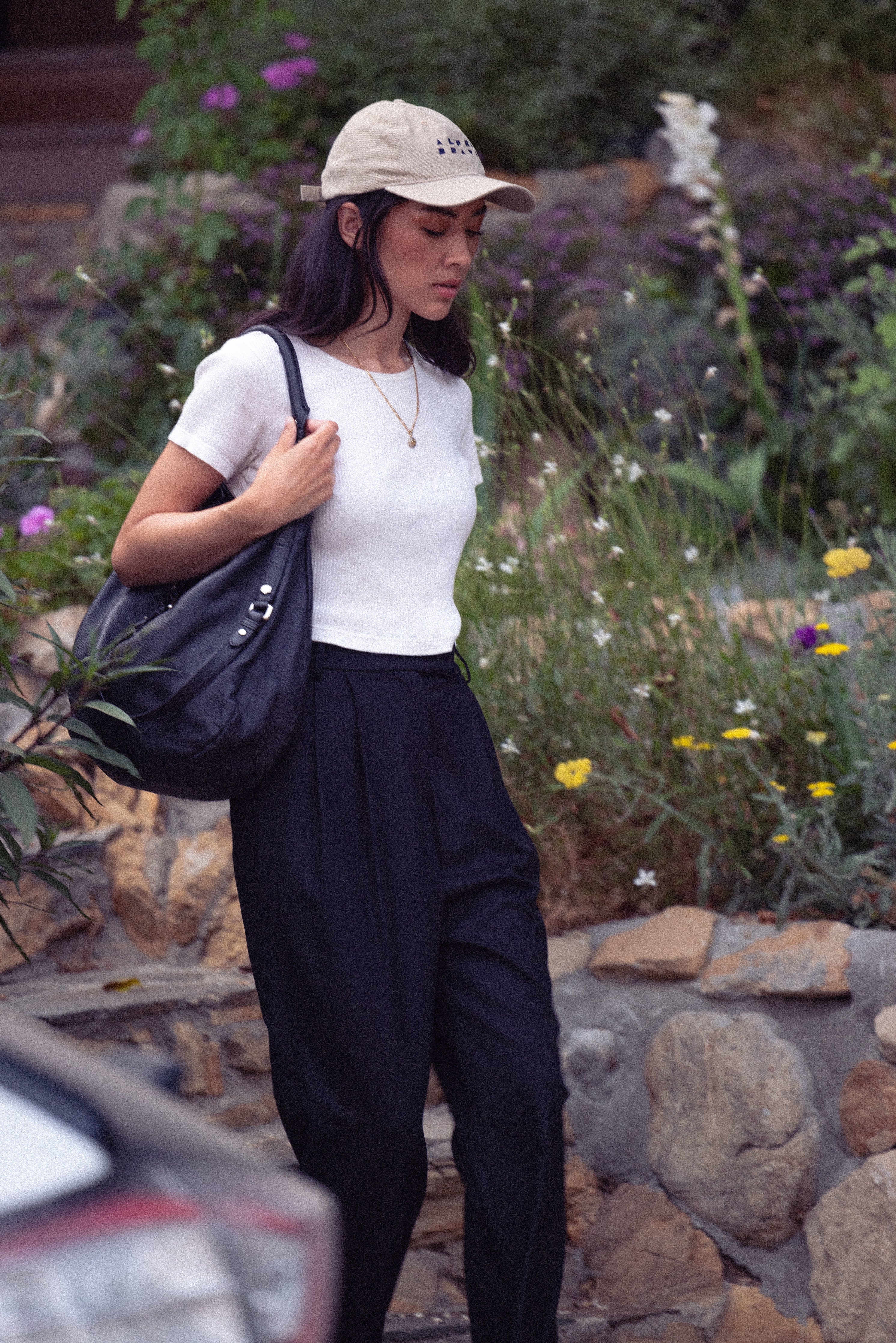 Alana out for errands in AB Dad Hat in Khaki and Trial Trouser in Black