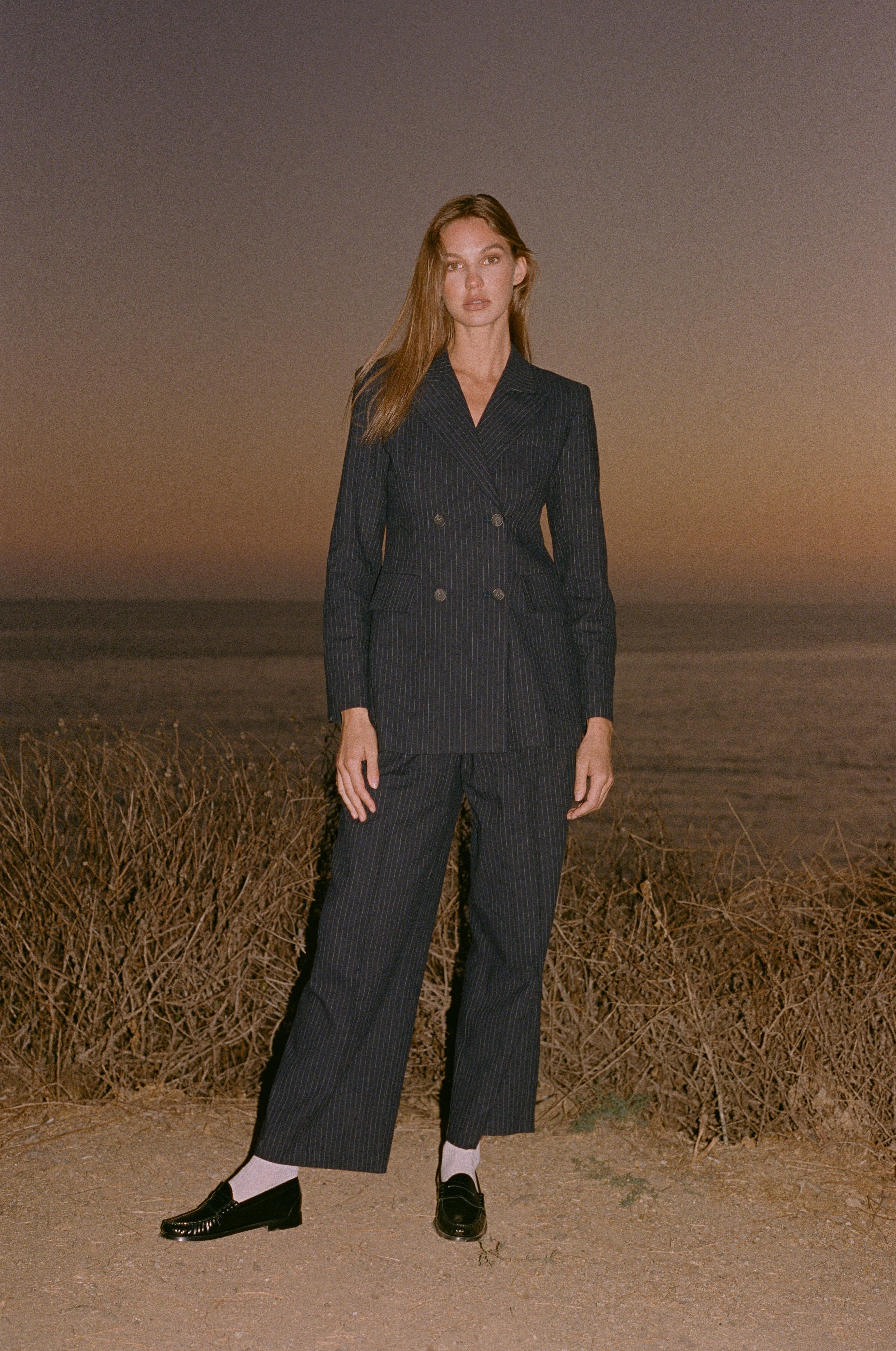 The Wide-Leg Trouser - Navy Pinstripe