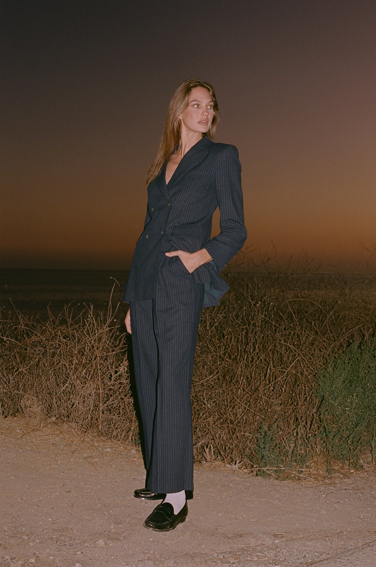 The Wide-Leg Trouser - Navy Pinstripe