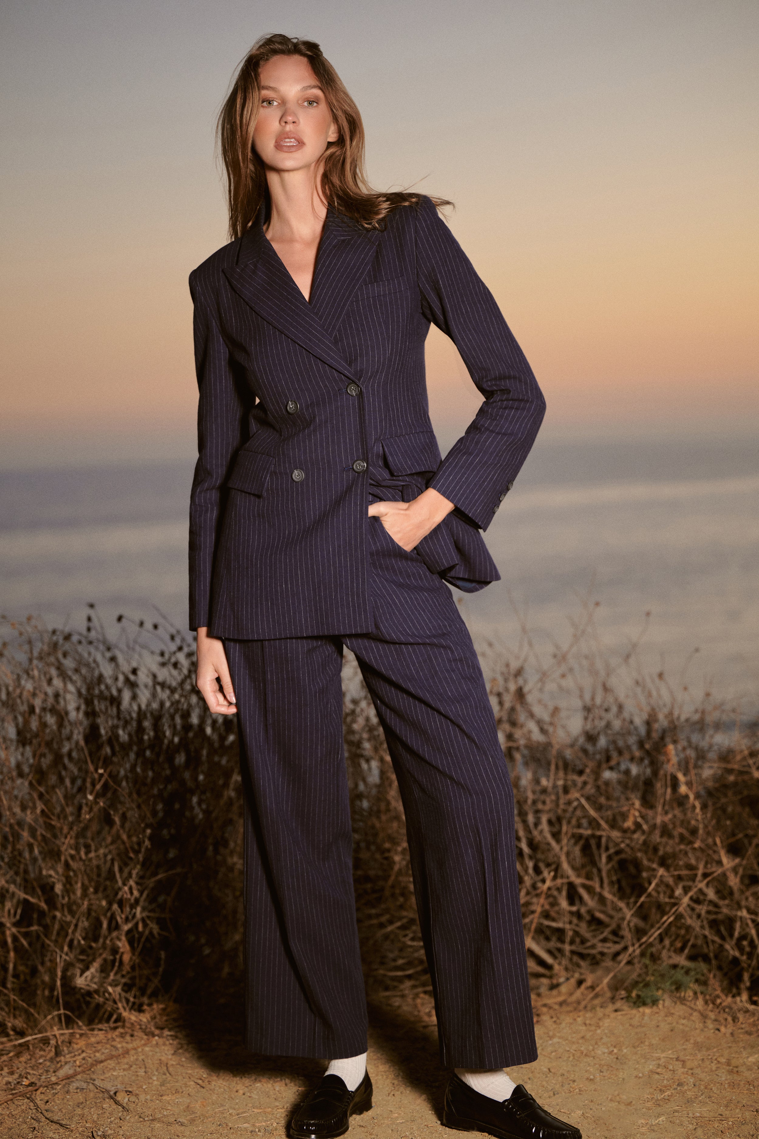 The Wide-Leg Trouser - Navy Pinstripe